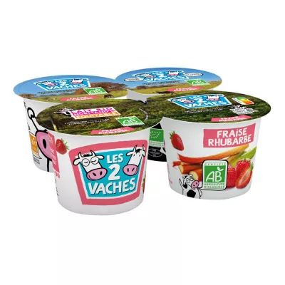 Yaourt Brassé Fraise Rhubarbe Bio, 4x115g - LES 2 VACHES