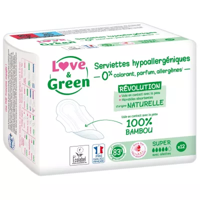 Super hypoallergene und ökologische Damenbinden x12 - LOVE & GREEN