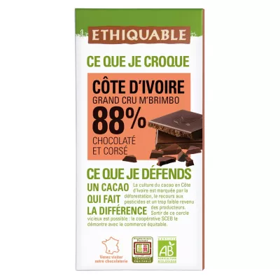 Dark Chocolate Bar 88% Cocoa Ivory Coast Organic 100g - Ethiquable