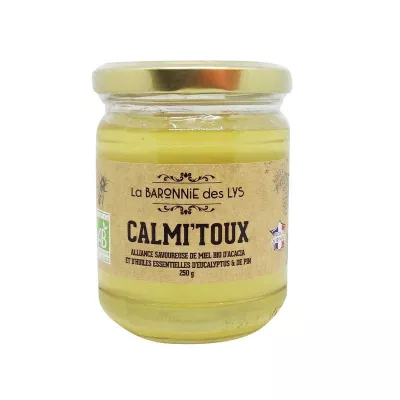Calmi'Toux, miel d'acacia Bio, huiles essentielles Bio d'Eucalyptus & de Pin, 250g, LA BARONNIE DES LYS