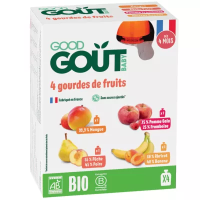 Purée de fruits à boire bébé dès 4 mois fraise banane sans sucres ajoutés Bio, 4x120g, GOOD GOUT