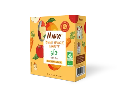 Упаковка из 4 органических бутылок с яблоком, манго и морковью, 4x90 г - MANDY'