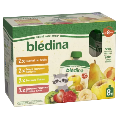 Compote bébé à boire dès 8 mois cocktail de fruits, poires banane abricots, pommes poires et bananes pommes fraises kiwis 8x90g - BLEDINA