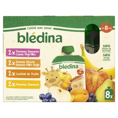 Compote bébé à boire dès 8 mois pommes bananes cassis myrtilles, pommes abricots bananes millet seigle, cocktail de fruits et pommes bananes 8x90g- BLEDINA