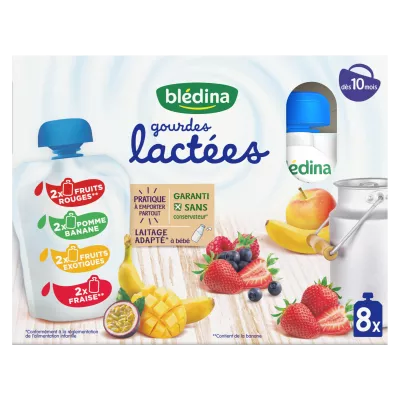 Compota de Leche Bebé para beber a partir de 10 meses frutos rojos, manzanas, plátanos, frutas exóticas y fresas 8*85g - BLEDINA
