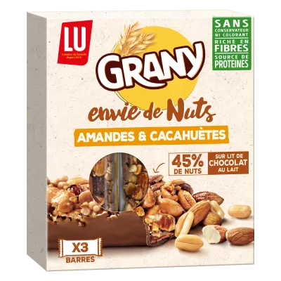 Barres de céréales aux amandes et aux cacahuètes Envie De Nuts Grany  120g - LU