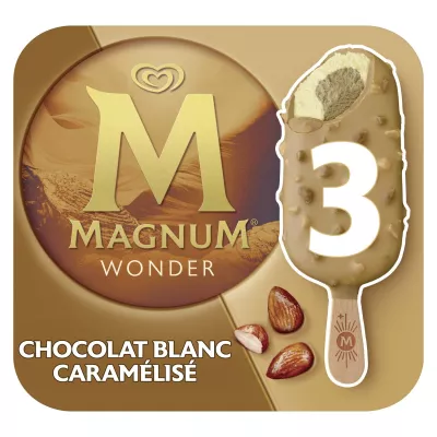 Glace Bâtonnet Chocolat Blanc au Caramel et Amandes Caramélisées x3 -MAGNUM