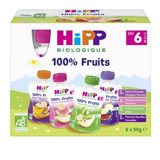 Mamadeiras de frutas orgânicas para bebês 4 variedades a partir dos 6 meses 8x90g - HIPP