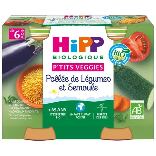 Pequeñas ollas para bebés de 6 meses en pánico con vegetales orgánicos de 2x190 g y sémola orgánica - Hipp Biologique