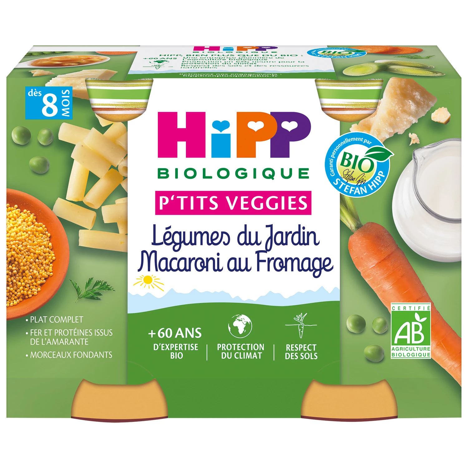 Small baby pots from 8 months Organic garden vegetables macaroni and cheese, 2 pots of 190g HIPP BioLOGIQUE
