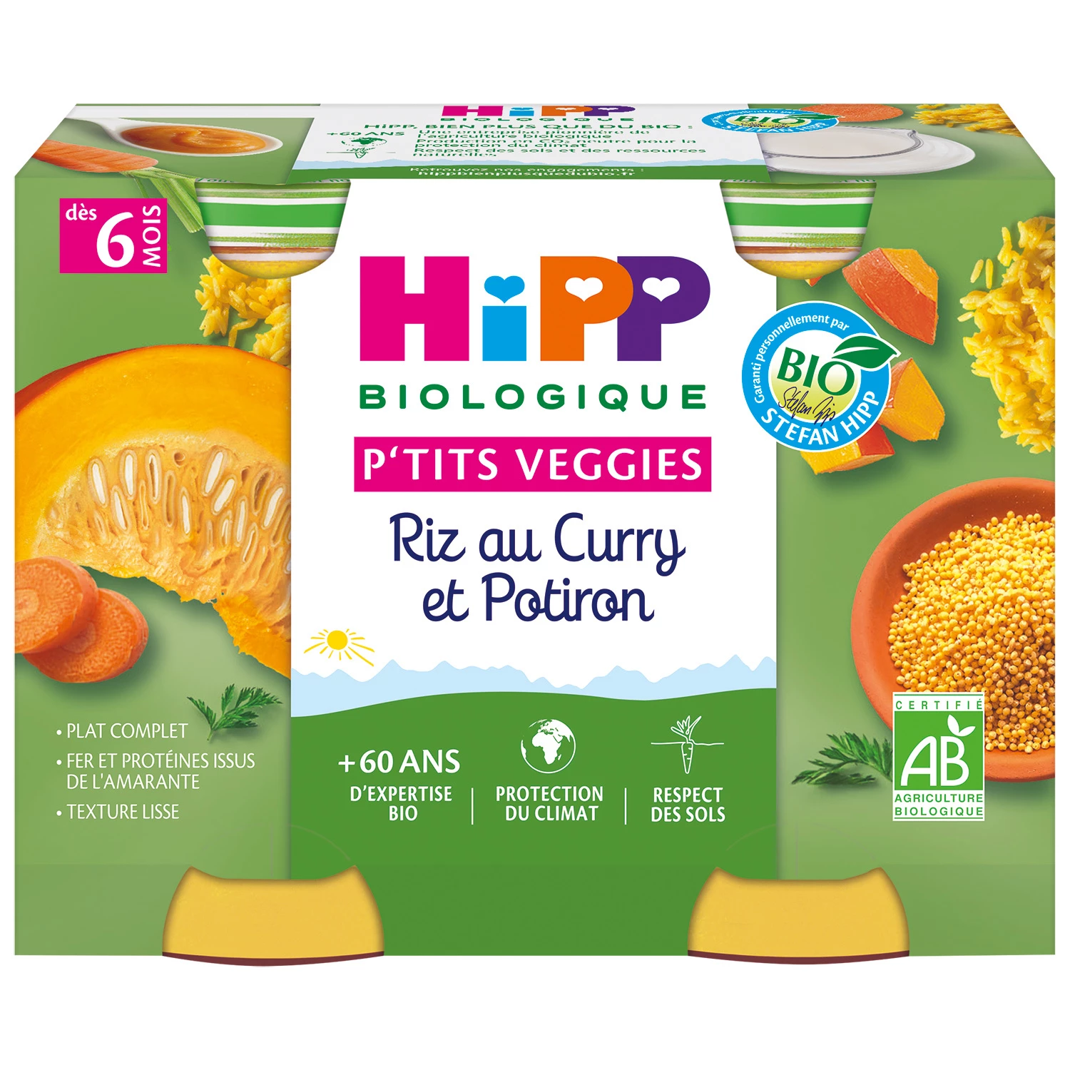 Kleine Babytöpfe aus 6 Monaten Bio-Reis mit Curry und Kürbis, 2 Töpfe à 190g HIPP BioLOGIQUE