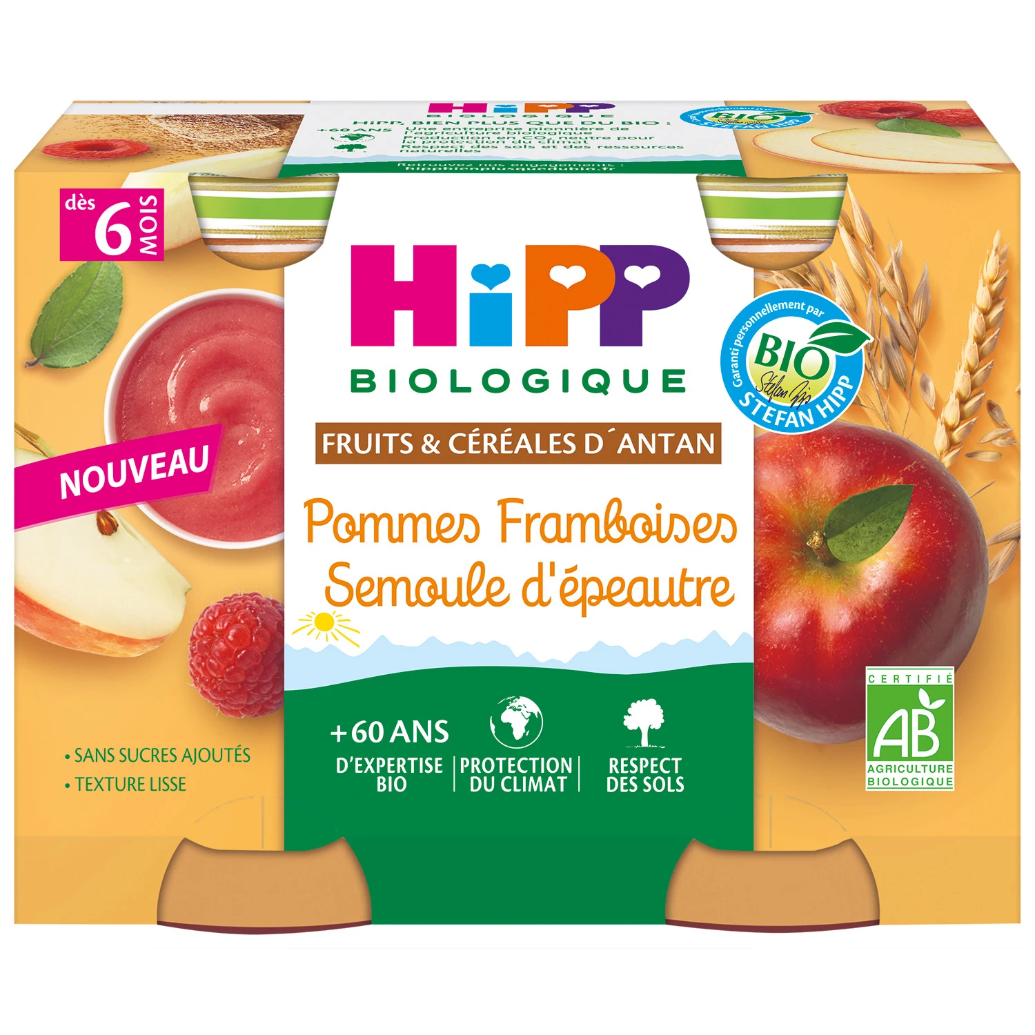 Kleines Glas Äpfel, Himbeeren und Bio-Dinkelgrieß, 2x190g, HIPP BioLOGIQUE