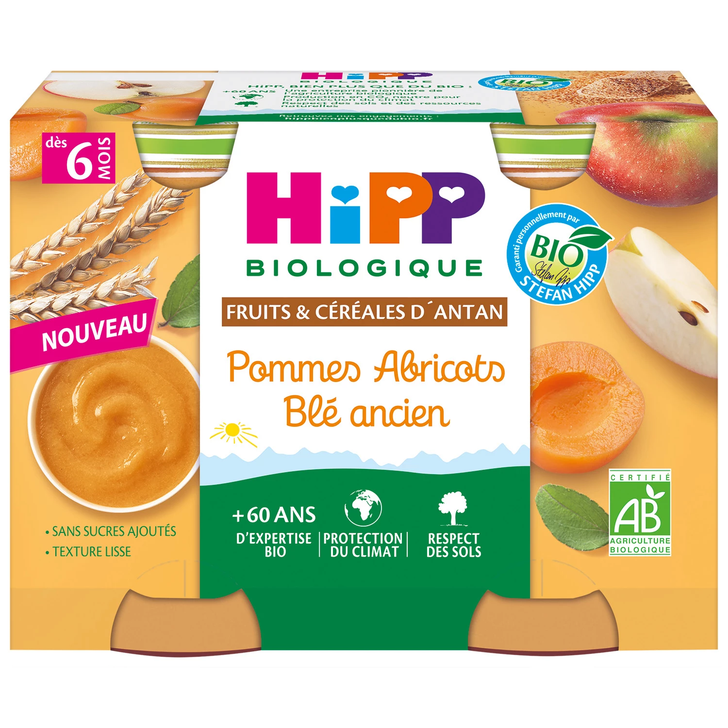 Petit pot pommes abricots blé ancien Bio dès 6 mois , 2x190g, HIPP BioLOGIQUE