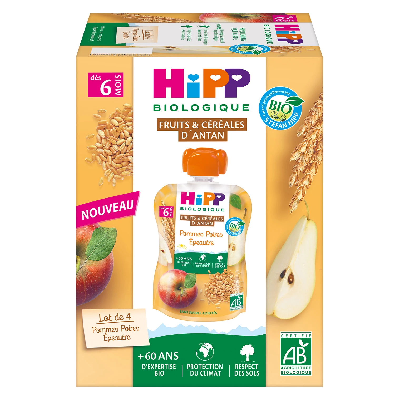 有机斯佩尔特小麦苹果梨蜜饯，6 个月大，4x90 克，HIPP BioLOGIQUE