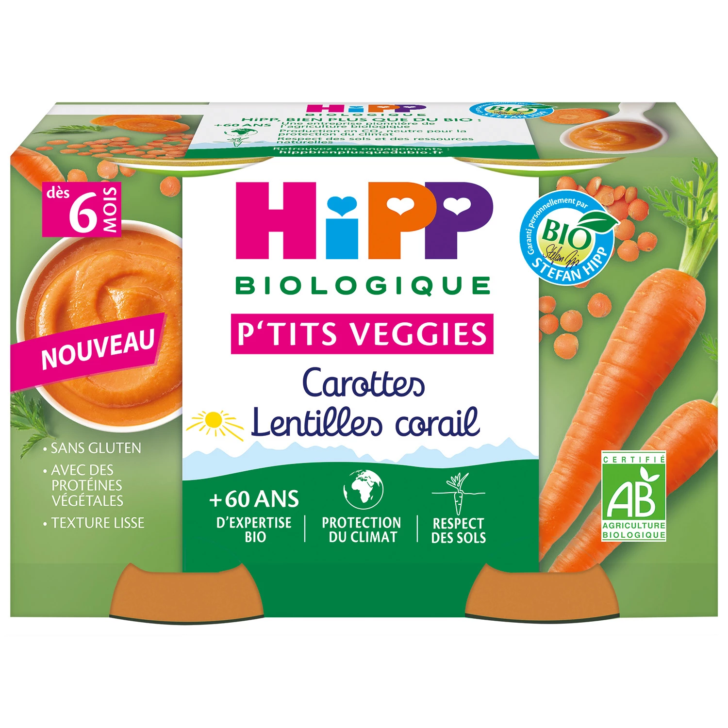 Potinhos de vegetais cenouras lentilhas coral Orgânico a partir de 6 meses, 2x125g, HIPP BioLOGIQUE