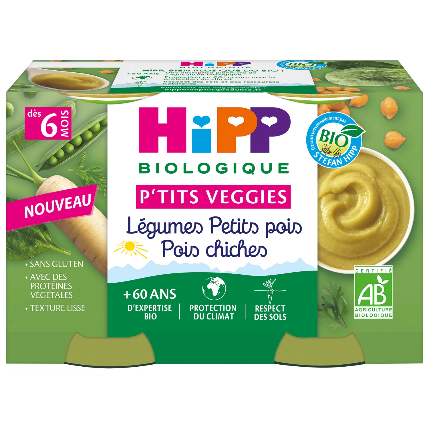 Kleine potjes groenten groenten erwten biologische kikkererwten vanaf 6 maanden, 2x125g, HIPP BioLOGIQUE