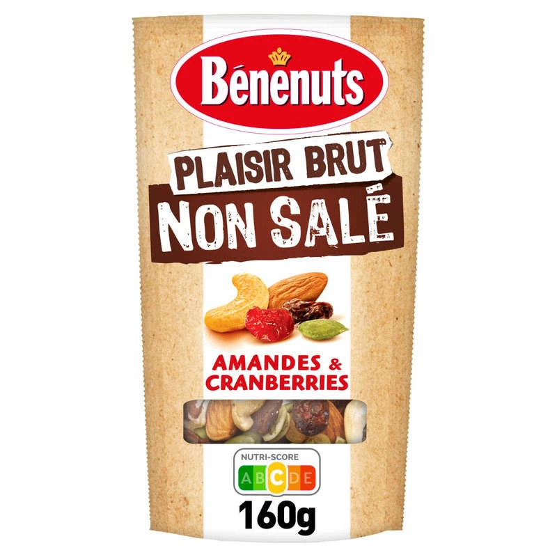 Plaisir Brut Unsalted Almonds and Cranberries, 160g - BENENUTS