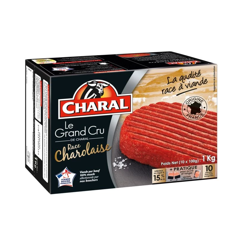 Steaks hachés pur bœuf charolais 15% M.G 10x100g - CHARAL