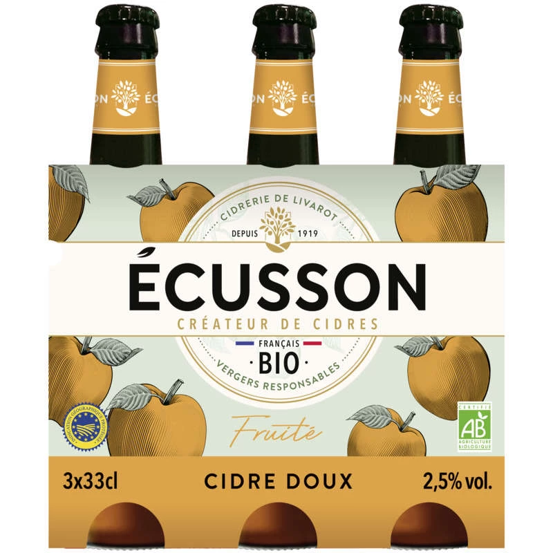 Cidre Doux Fruité Bio 3x33cl, 2,5° - ECUSSON