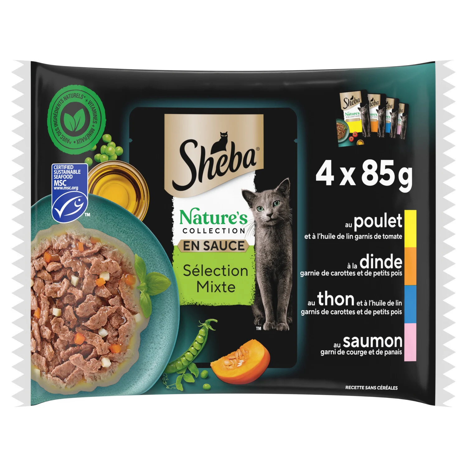 Paté voor volwassen katten in kip-, kalkoen-, tonijn- en zalmsaus 4x85g - Sheba