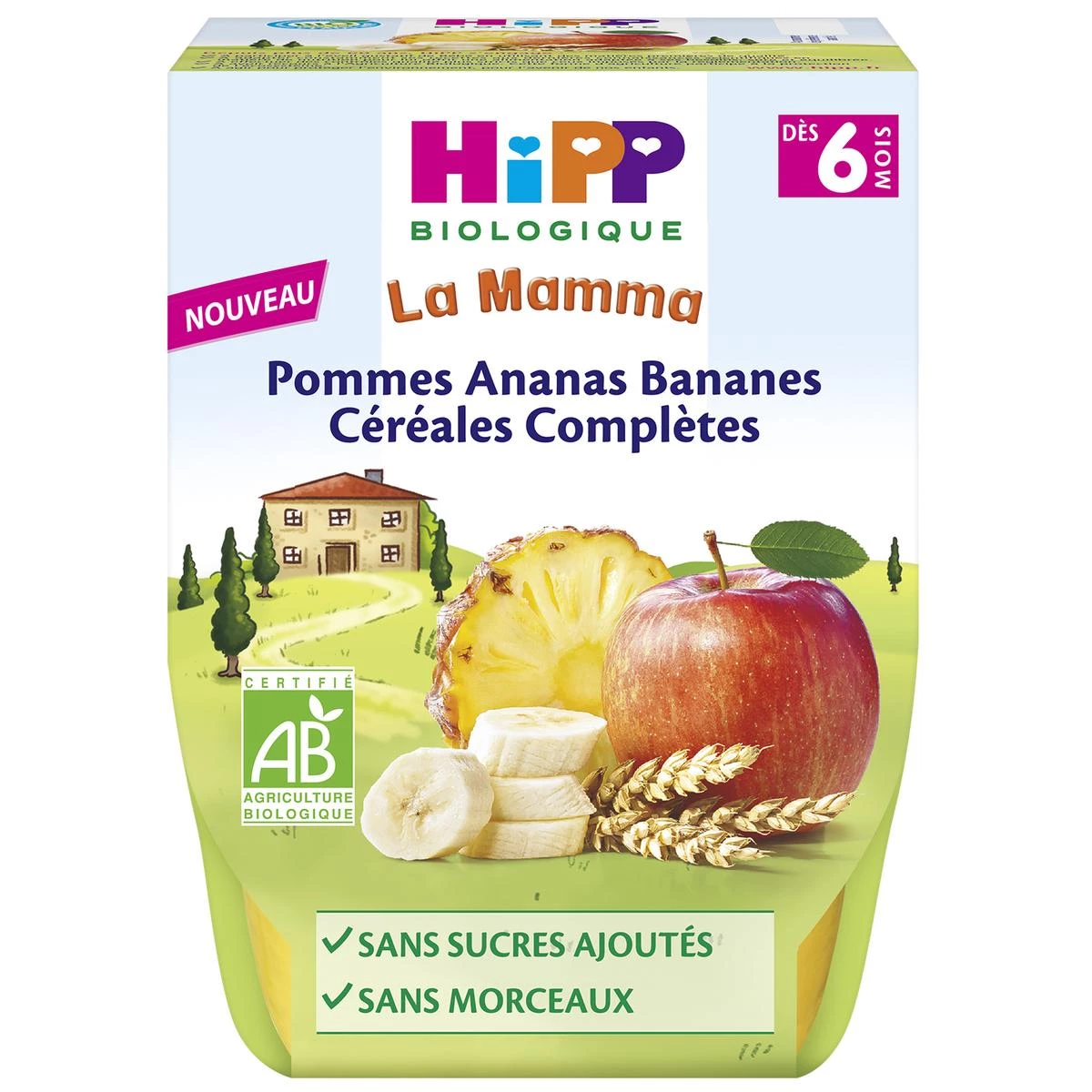 Compote pommes/ ananas/ bananes./ céréales completes BIO dès 6 mois 2x190g - HIPP