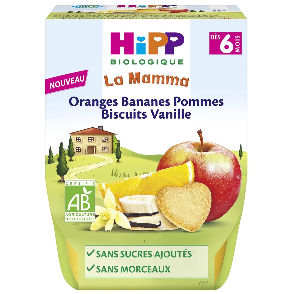 Compotes oranges/ bananes/ pommes/ biscuits vanille dès 6mois 2x190g - HIPP