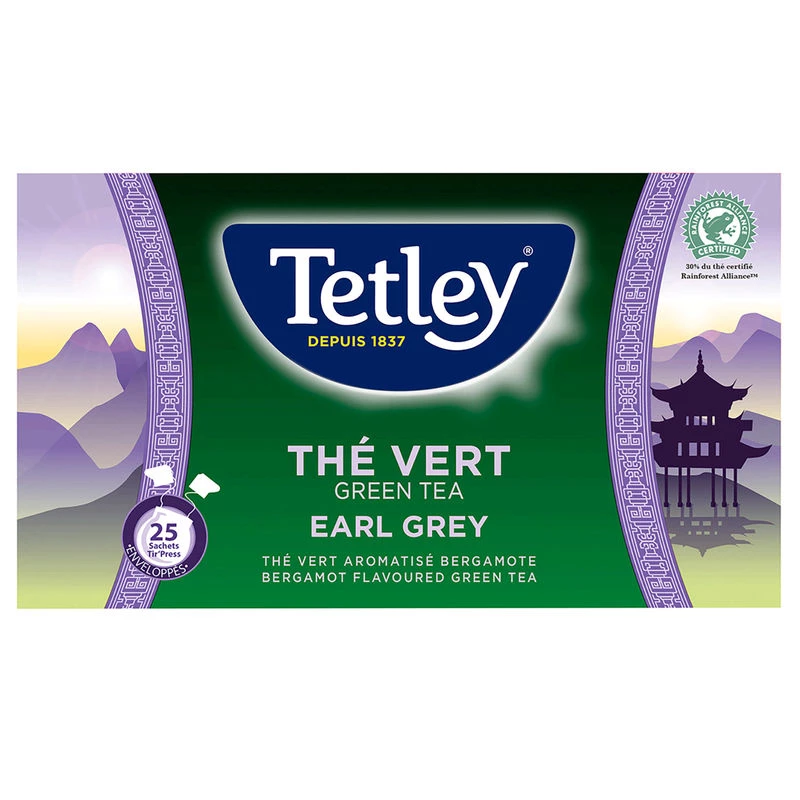 Schachtel mit 25 Beuteln mit Schutz Tetley Tir Press Arome The Vert Earl Grey