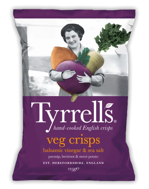 Parsnip Beetroot and Sweet Potato Vegetable Crisps with World Balsamic Vinegar, 150g - TYRRELLS