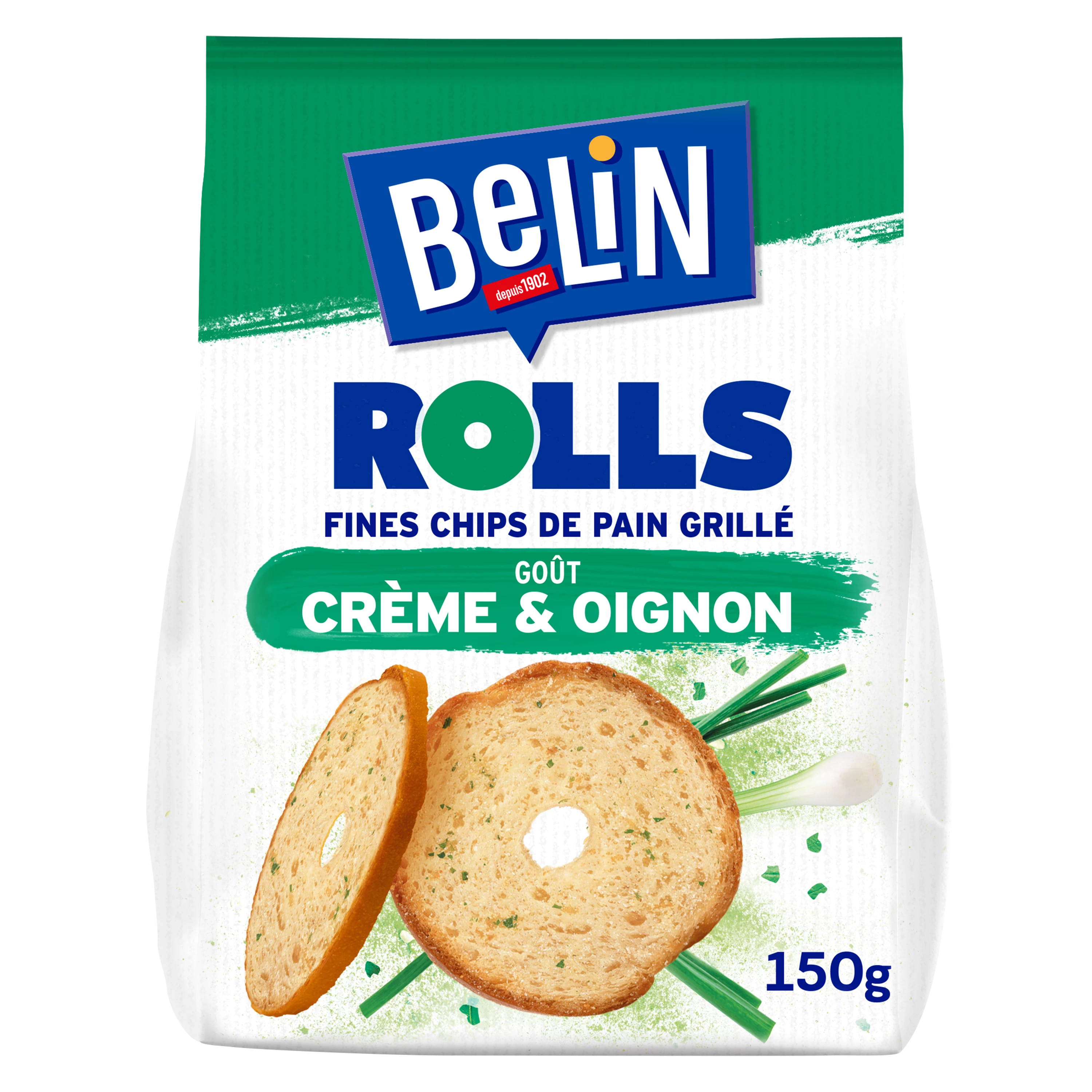 Biscuits Apéritifs Fines Chips de Pain Grillé Goût Crème et OigNon Rolls, 150g - BELIN