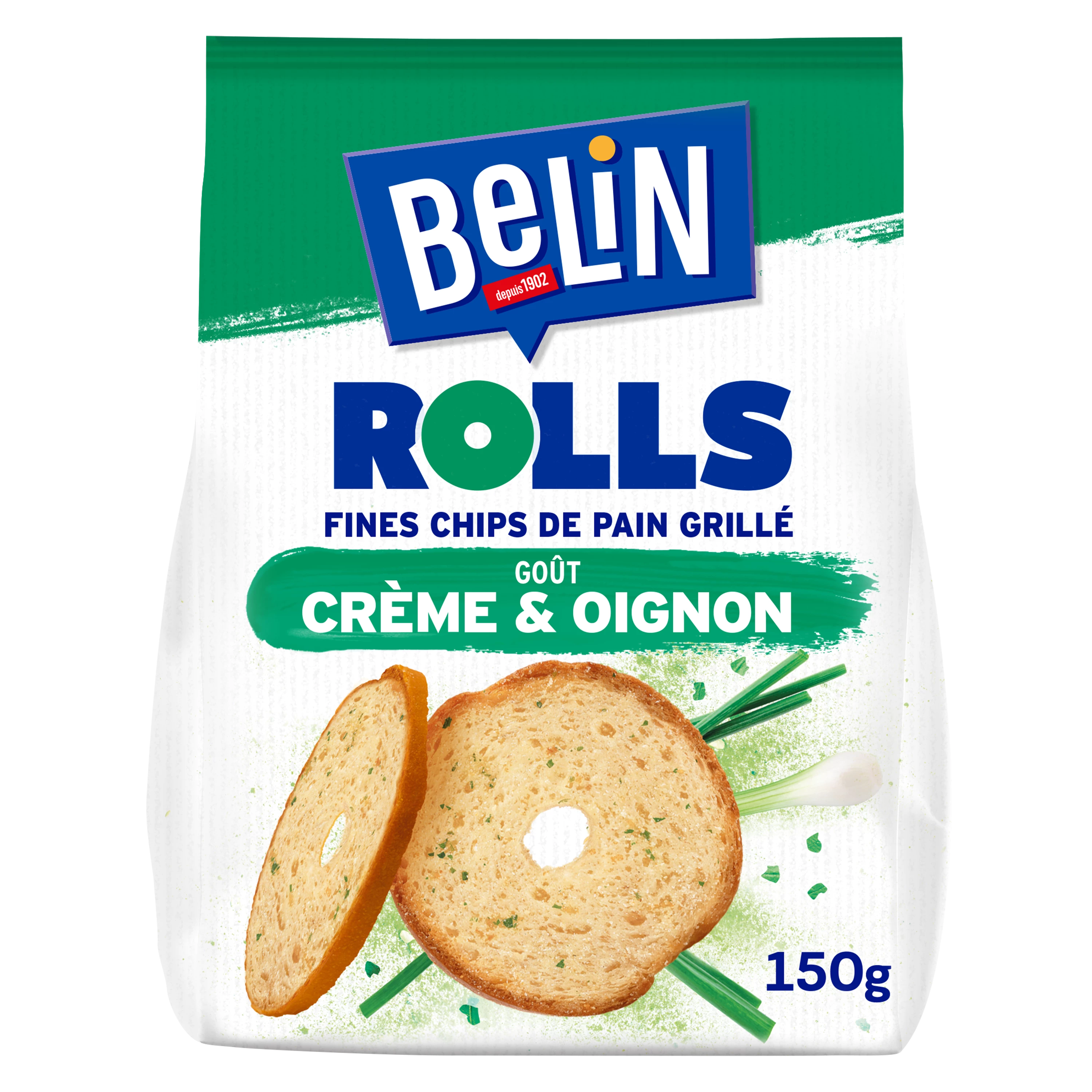 Feine Aperitif-Kekse, Toast-Chips-Röllchen mit Sahne- und Zwiebelgeschmack, 150 g - BELIN