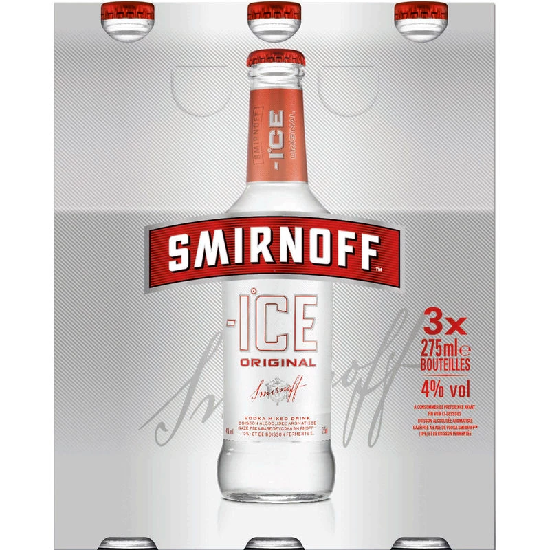 Boisson alcoolisée à base de vodka ice original Smirnoff, 4°,3 bouteilles de 27,5cl