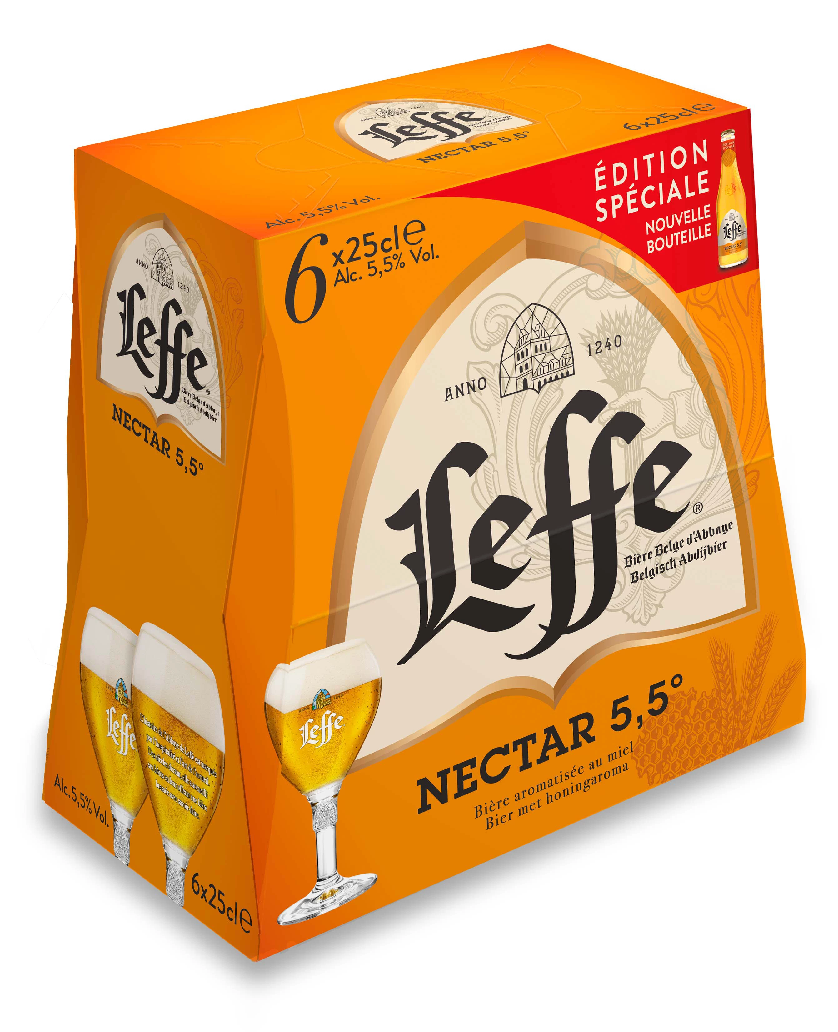 رحيق بيرة شقراء بنكهة العسل، 5.5 درجة، 6 × 25 سنتيلتر - LEFFE