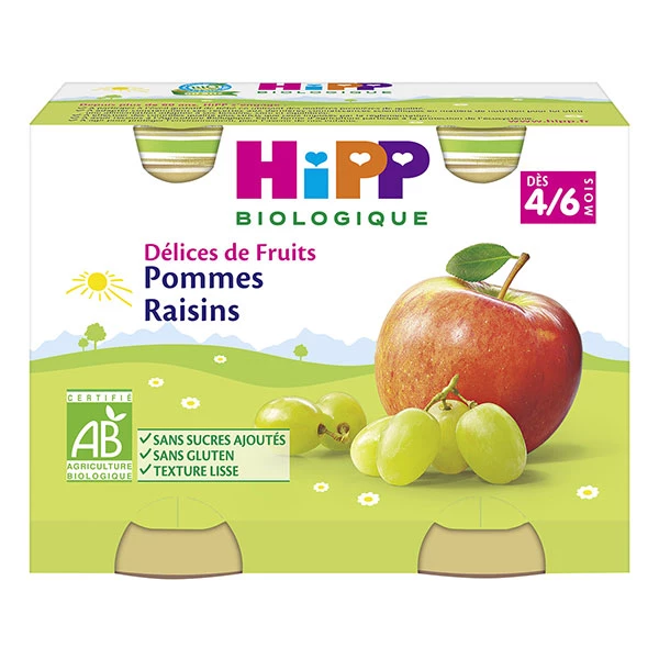 Compotes pommes & raisins BIO dès 4/6 mois 2x190g - HIPP