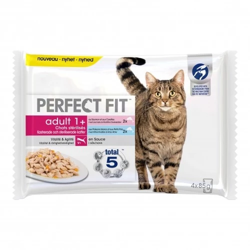 Futterbeutel für sterilisierte ausgewachsene Katzen, Huhn, Rind, 4 x 340 g - PERFECT FIT