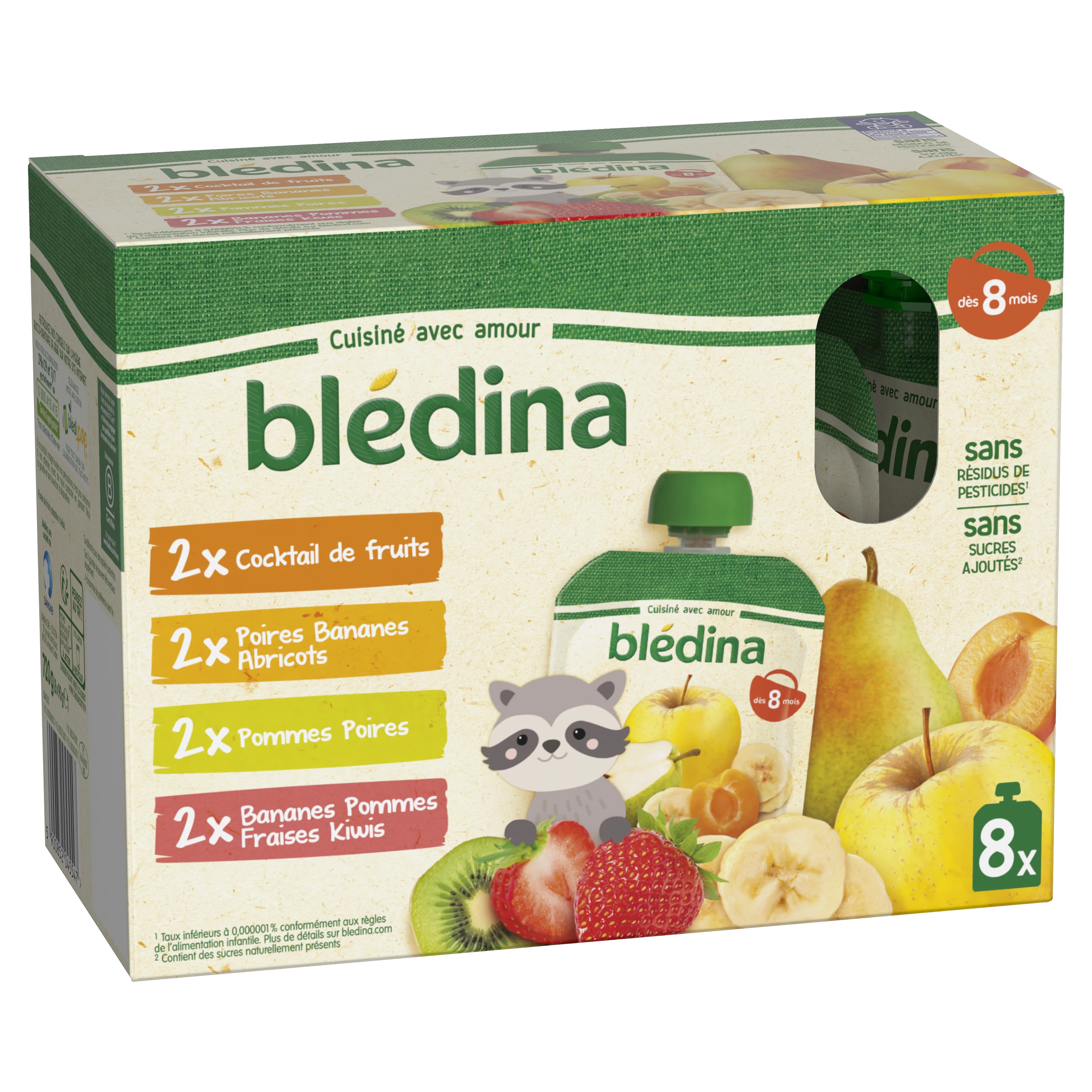 Babycompote om te drinken vanaf 8 maanden fruitcocktail, peren banaan abrikozen, appels peren en bananen appels aardbeien kiwi's 8x90g - BLEDINA