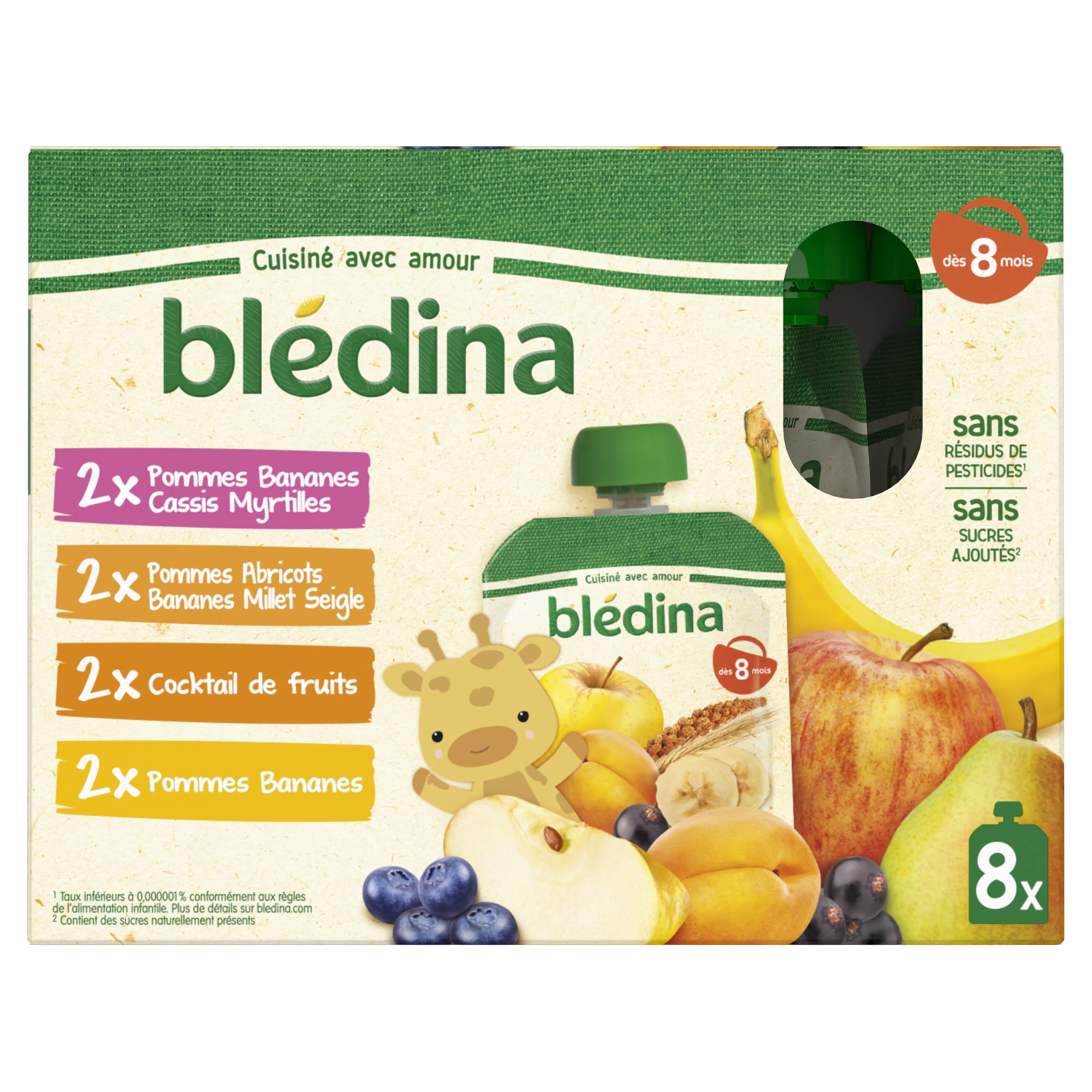 Compota bebé para beber a partir dos 8 meses maçãs bananas groselhas mirtilos, maçãs damascos bananas milheto centeio, cocktail de frutas e maçãs bananas 8x90g - BLEDINA