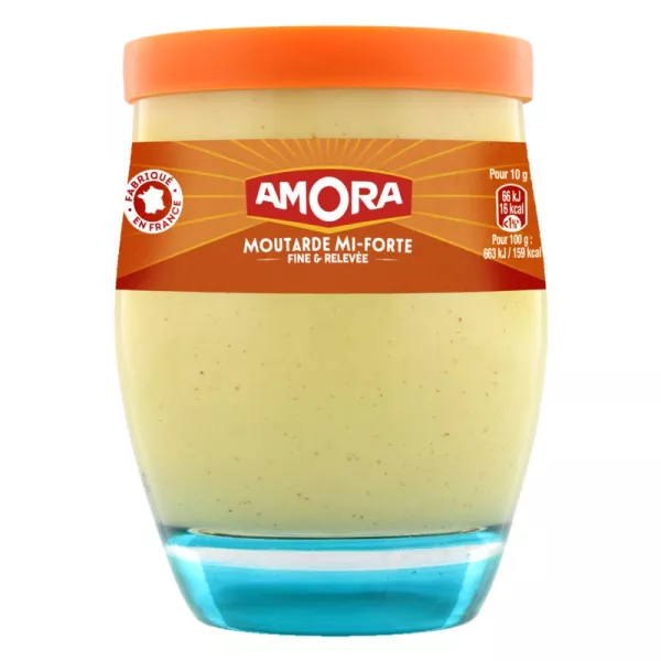 Fijne en pittige medium-hete mosterd in een glas van 230 g - AMORA