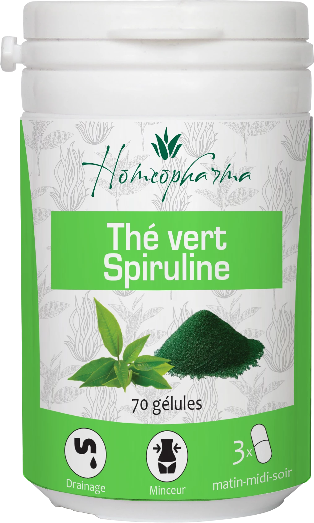 علبة كبسولات نبات سبيرولينا من الشاي الأخضر 70 - HOMEOPHARMA