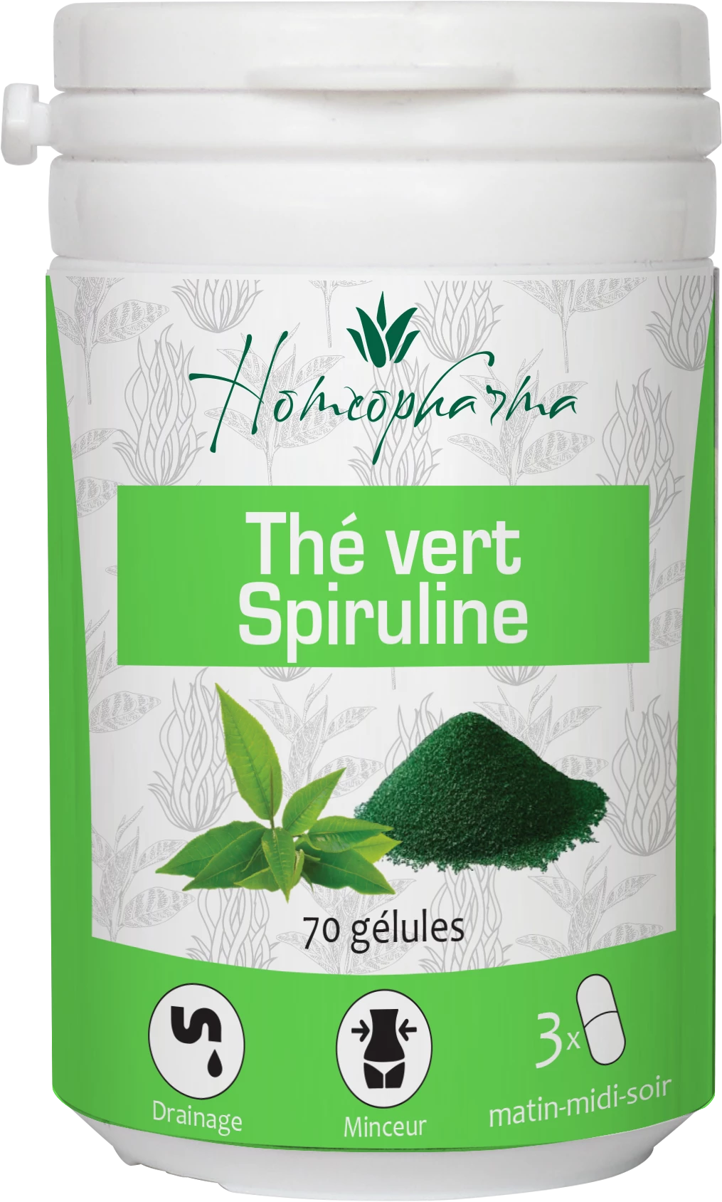 Cápsulas de espirulina de chá verde caixa com 70 - HOMEOPHARMA