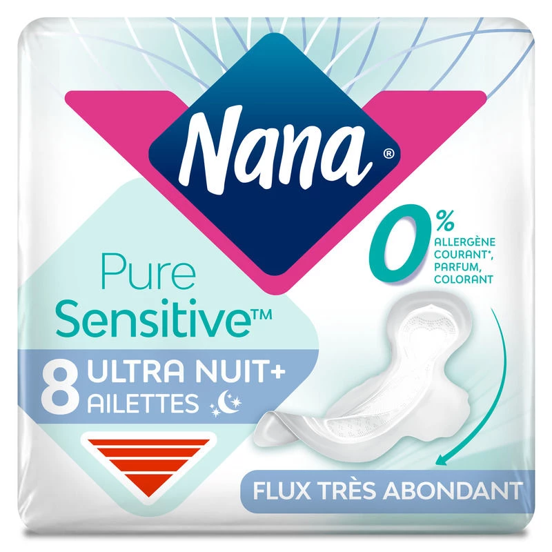 Ultra Nuit+ Pure Sensitive Sanitary Pads with Wings x8 - NANA