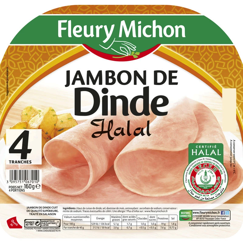 Jambon de Dinde Halal, 4 Tranches 160g - FLEURY MICHON