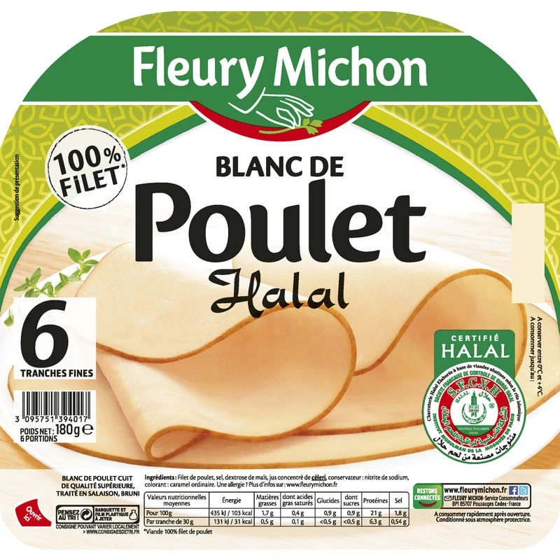 Blanc de Poulet Halal, 6 Tranches 180g - FLEURY MICHON