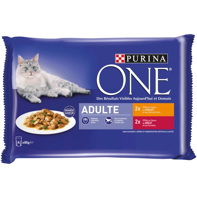 Futter für ausgewachsene Katzen mit Huhn/Rind, 4 x 85 g - PURINA