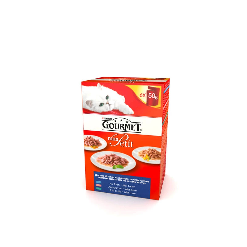 Comida para gato Mon Petit, atum/salmão/truta GOURMET 6x50g - PURINA