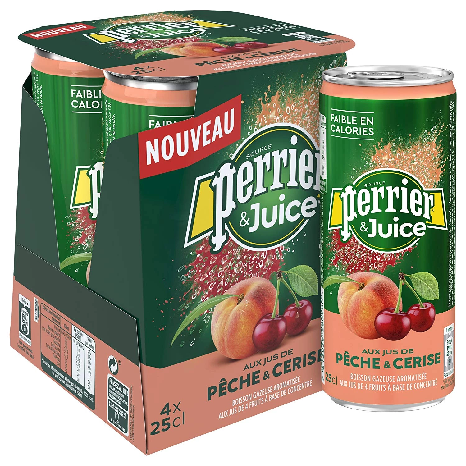 مياه غازية بنكهة الخوخ والكرز 4x25سل - PERRIER & JUICY