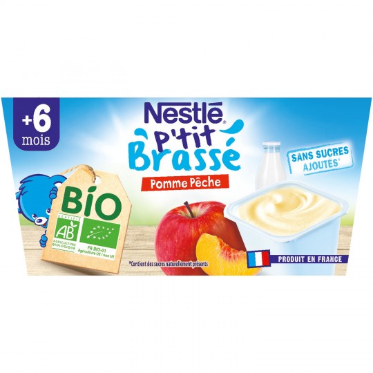 6 महीने से पी'टिट ब्रूड सेब और आड़ू ऑर्गेनिक 4x90 ग्राम - NESTLE