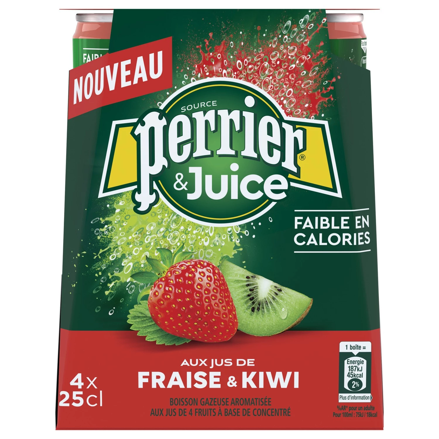 Eau gazeuse aromatisée fraise-kiwi 4x25cl - PERRIER & JUICY