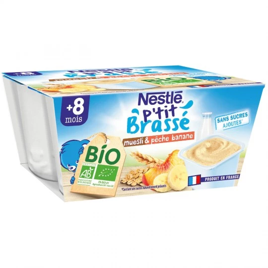 Dessert bébé Bio muesli/ banane/ pêche dés 6 mois 4x90g - NESTLE