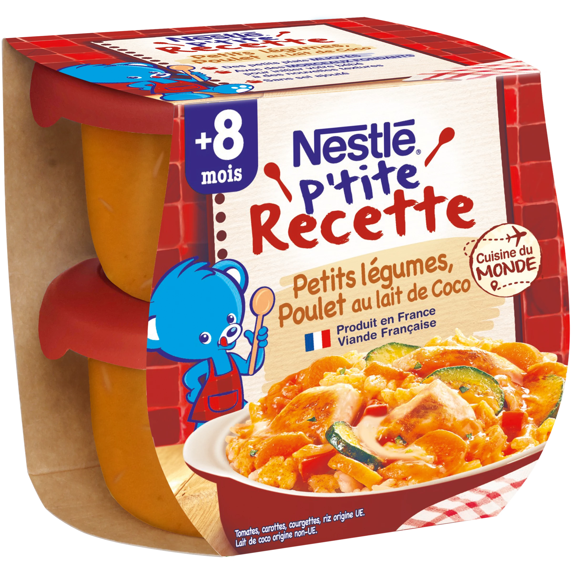 Ptit Recette Plat bébé dés 8 mois, petits légumes poulet au lait de coco 2*200G - BLEDINA