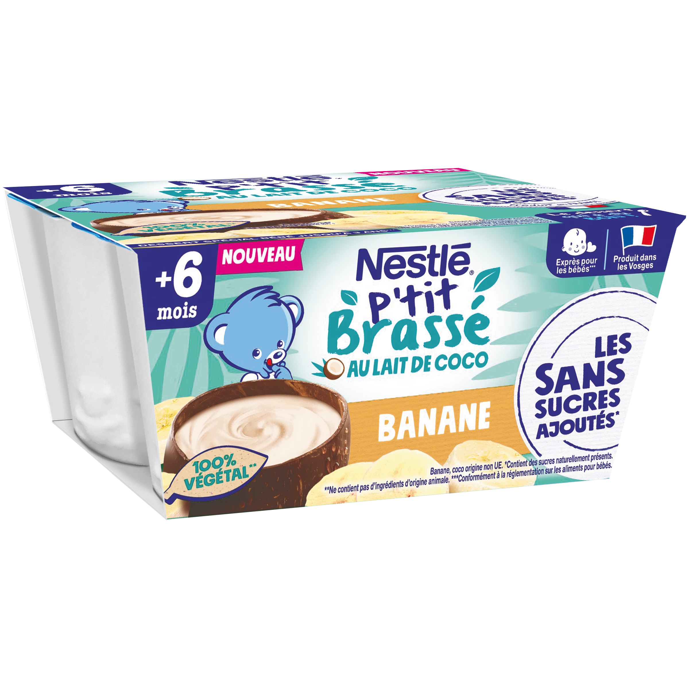 Sobremesa P'tit Brassé para bebês a partir dos 6 meses, com leite de coco Banana 4x90g - NESTLE